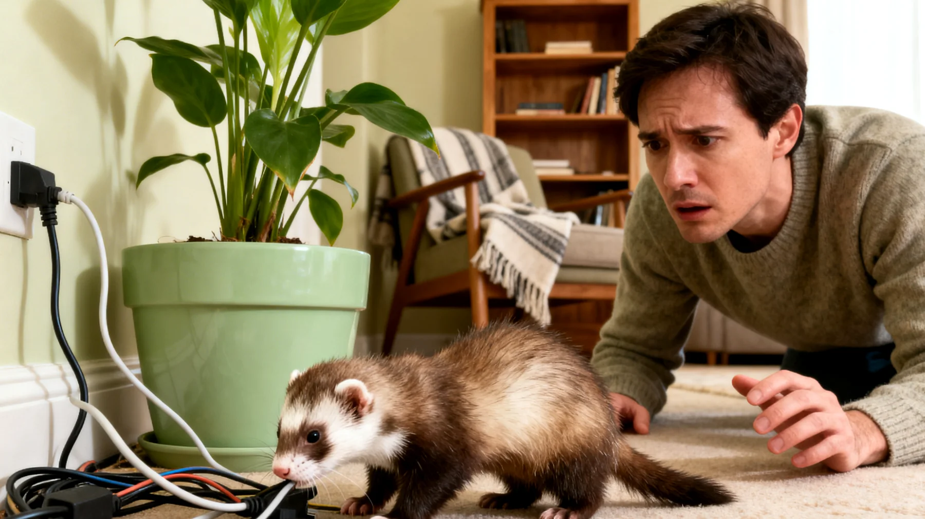 Frettchen-Welpen benötigen eine sichere und artgerechte Umgebung im Haus, da sie sehr neugierig sind, durch kleinste Öffnungen entwischen können und zum Erkunden und Anknabbern von Kabeln, Pflanzen und Gegenständen neigen, was Verletzungs- und Vergiftungsgefahren birgt"