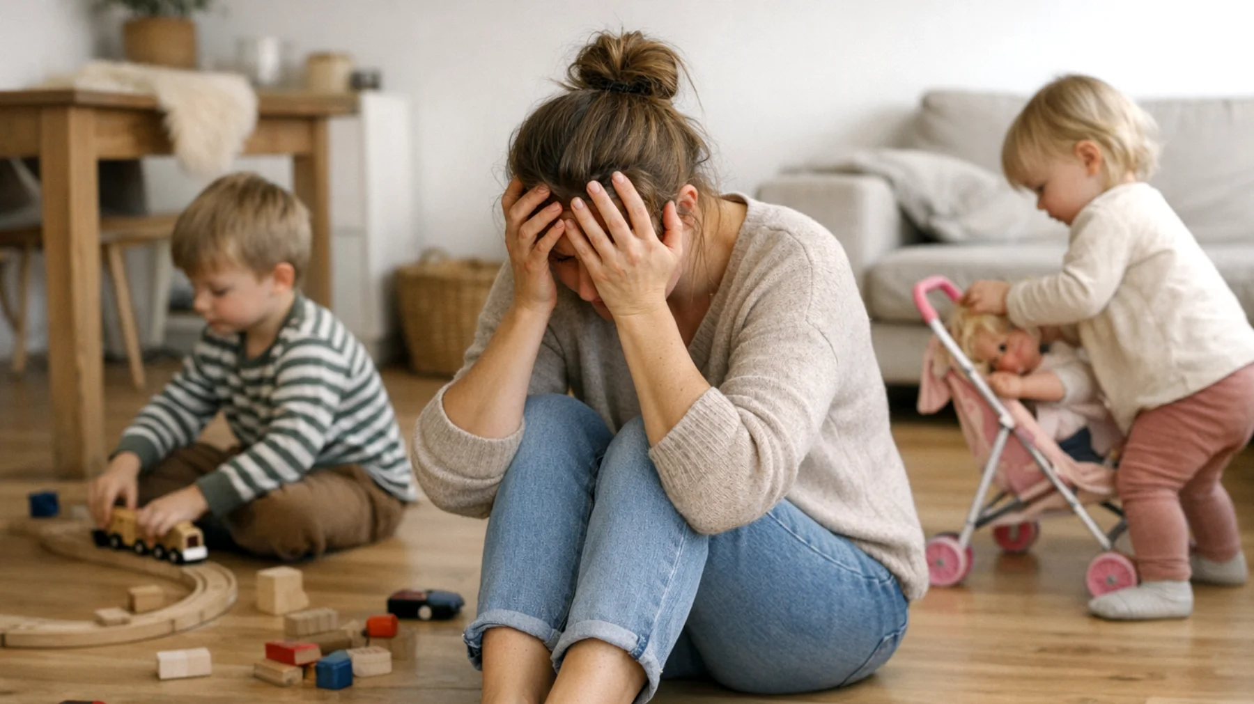 Die Mutter erlebt intensive Schuldgefühle, weil sie glaubt, nicht genug Zeit und Energie für ihre kleinen Kinder aufzubringen. Sie vergleicht sich ständig mit anderen Müttern, kritisiert sich selbst für jeden Fehler und hat das Gefühl, zu versagen – auch wenn sie objektiv gesehen präsent und fürsorglich ist."